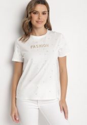 Biały T-shirt z Bawełny z Cyrkoniami i Napisem Nalanielle. Białe bluzki damskie Born2be, m, bez wzorów, z bawełny, eleganckie, bez kołnierzyka. Za 39.99 zł.