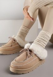 Ciemnobeżowe Śniegowce z Niską Cholewką Futerkiem i Ozdobnymi Przeszyciami Isaweda. Brązowe śniegowce i trapery damskie Renee, z dzianiny, przed kostkę. Za 74.99 zł.