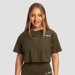 Koszulka damska fitness cropped z krótkim rękawem Limitless. Brązowe koszulki sportowe damskie GYMBEAM, xs, bez wzorów, z bawełny, sportowe, bez kołnierzyka. Za 76.90 zł.