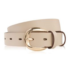 Pasek damski skórzany do spodni 110 cm wąski beżowy licowy złota klamra PG-14-BZ-110. Brązowe paski damskie bez wzorów, z jeansu, eleganckie. Za 34.44 zł.