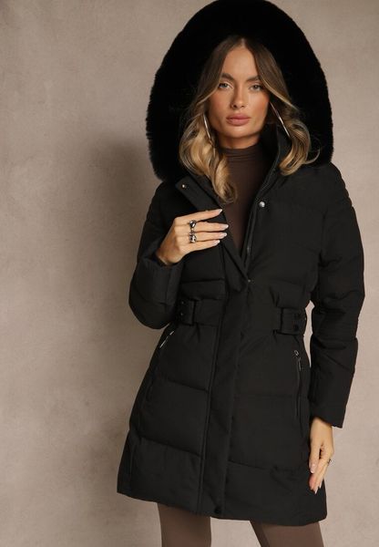 Czarna Pikowana Kurtka Zimowa z Kapturem z Futerkiem Goella. Czarne kurtki damskie Renee, na zimę, l, bez wzorów, z dzianiny, z kapturem. Za 209.99 zł.