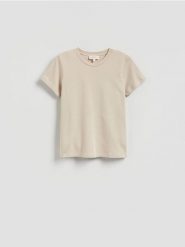 Bawełniany t-shirt - złamana biel. T-shirty damskie Reserved, l, bez wzorów, z bawełny, bez kołnierzyka. Za 89.99 zł.