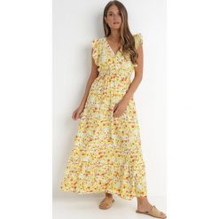 Żółta Sukienka Timaia. Żółte sukienki damskie Born2be, m, z aplikacjami, z tkaniny, bez kołnierzyka, bez ramiączek, maxi, kopertowe. Za 29.99 zł.