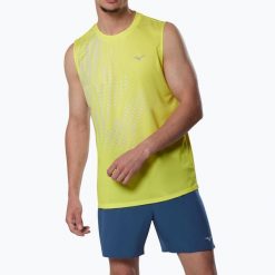Koszulka do biegania męska Mizuno Core Graphic Sleeveless. Żółte koszulki sportowe męskie Mizuno, l, bez wzorów, z materiału, bez kołnierzyka, bez ramiączek, do biegania. Za 149.99 zł.