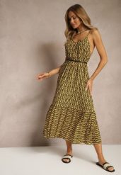 Żółta Sukienka z Bawełny Ozdobiona Geometrycznym Motywem Nilavionea. Żółte sukienki damskie Renee, na spotkanie biznesowe, na lato, l, z aplikacjami, z bawełny, eleganckie, bez kołnierzyka, bez ramiączek, midi. Za 39.99 zł.