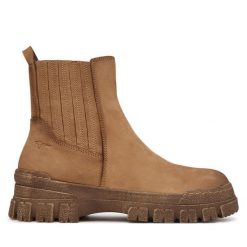 Botki Tamaris. Brązowe botki damskie Tamaris, bez obcasa, na płaskiej podeszwie, bez zapięcia. Za 484.99 zł.