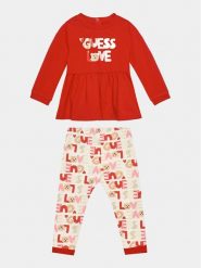 Guess Komplet bluzka i legginsy A3BG03 J1311 Czerwony Regular Fit. Czerwone bluzki dla dziewczynek Guess, z aplikacjami, z bawełny, bez kołnierzyka, bez ramiączek. Za 239.99 zł.