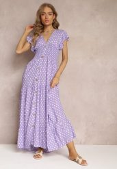 Fioletowa Rozkloszowana Sukienka Maxi w Kropki z Gumką w Talii Janey. Fioletowe sukienki damskie Renee, na co dzień, l, bez wzorów, bez kołnierzyka, bez ramiączek, maxi, rozkloszowane. Za 54.99 zł.