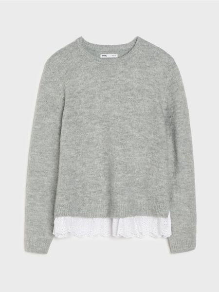 Sweter z haftowanym koszulowym dołem - szary. Szare swetry damskie Sinsay, l, bez wzorów, bez kołnierzyka, bez ramiączek, bez kaptura. W wyprzedaży za 39.99 zł.
