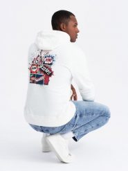 Bluza męska hoodie z nadrukiem na plecach - ecru V3 - Rozmiar: XXL. Bluzy męskie Ombre Clothing, m, bez wzorów, bez kaptura. W wyprzedaży za 29.99 zł.