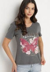 Ciemnoszary Bawełniany T-shirt z Metalicznym Napisem i Motylem Zarevalia. Szare bluzki damskie Born2be, l, bez wzorów, z bawełny, eleganckie, bez kołnierzyka. Za 39.99 zł.