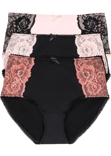 Figi maxi z mikrofibry z koronką (3 pary). Czarne figi damskie bonprix, bez wzorów, z koronki. Za 64.99 zł.