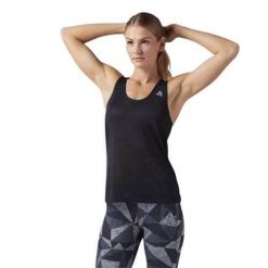 Koszulka treningowa damska Reebok CD7587. Czarne koszulki sportowe damskie Reebok, l, bez wzorów, z materiału, bez kołnierzyka, bez ramiączek, na fitness i siłownię. Za 147.00 zł.