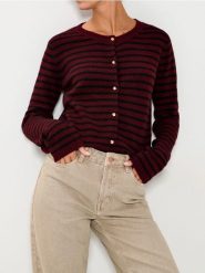 Rozpinany sweter w paski - bordowy. Czerwone kardigany damskie Sinsay, l, bez wzorów, bez kołnierzyka, bez ramiączek, bez kaptura. Za 49.99 zł.