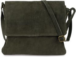 Torebka damska skóra włoska zamszowa listonoszka z klapą khaki B67. Brązowe portfele damskie Vera Pelle, bez wzorów, ze skóry. Za 199.69 zł.