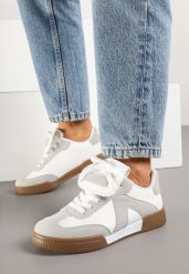 Biało-Szare Sneakersy Tenisówki z Ozdobnym Językiem Alaviela. Białe trampki i tenisówki damskie Born2be, bez wzorów, z jeansu, eleganckie, bez zapięcia. Za 89.99 zł.