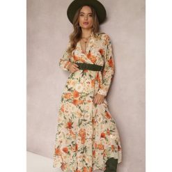 Jasnobeżowa Sukienka z Paskiem i Gumką w Pasie Hahonu. Brązowe sukienki damskie Renee, m, bez wzorów, z zamszu, boho, bez kołnierzyka, bez ramiączek, maxi, kopertowe. Za 119.99 zł.