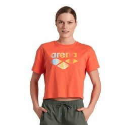 Koszulka damska top bawełniany sportowy okrągły dekolt Arena Crop Top. Brązowe koszulki sportowe damskie Arena, bez wzorów, z bawełny, bez kołnierzyka, bez ramiączek. Za 69.99 zł.