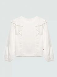 Bluzka dziewczęca z falbankami biała Safie 100. Białe bluzki dla dziewczynek Big Star, bez wzorów, z denimu, bez kołnierzyka, bez ramiączek. W wyprzedaży za 29.99 zł.