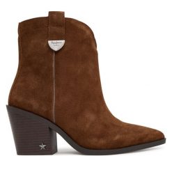 Kowbojki Pepe Jeans. Brązowe botki damskie Pepe Jeans, z jeansu, bez obcasa, na słupku, bez zapięcia. Za 619.99 zł.