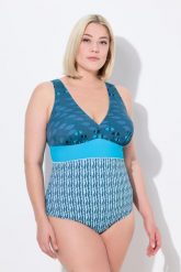 Damski Strój kąpielowy ryby miękkie miseczki dekolt w serek z recyklingu. Zielone kostiumy jednoczęściowe damskie Ulla Popken, plus size, bez wzorów, z elastanu, plus size, do pływania. Za 206.99 zł.