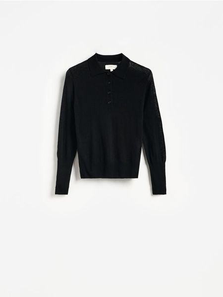 Wełniany sweter polo - czarny. Czarne swetry damskie Reserved, l, bez wzorów, z wełny, bez kołnierzyka, bez ramiączek, bez kaptura. Za 199.99 zł.