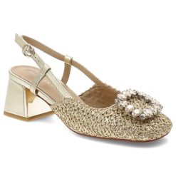 Czółenka damskie Alma En Pena, z zabudowanym przodem wykonane z plecionego materiału osadzone na stabilnym obcasie z regulowanym paskiem wokół kostki. Żółte czółenka damskie Alma en Pena, z aplikacjami, eleganckie, bez obcasa, na obcasie, bez zapięcia. Za 503.90 zł.