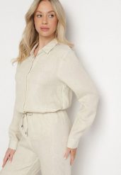 Beżowa Klasyczna Koszula z Wiskozy Melriza. Brązowe bluzki damskie Born2be, l, bez wzorów, z jeansu, biznesowe, bez kołnierzyka, bez ramiączek. Za 119.99 zł.