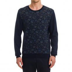Sweter w kolorze ciemnoniebieskim ze wzorem. Niebieskie swetry przez głowę męskie marki Galvanni, z okrągłym kołnierzem. W wyprzedaży za 139.95 zł.