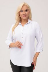 Elegancka biała gładka koszula z kołnierzykiem PLUS SIZE XXL. Białe koszule damskie Nasi partnerzy, plus size, bez wzorów, z poliesteru, eleganckie, bez kołnierzyka, plus size, bez ramiączek. Za 199.90 zł.
