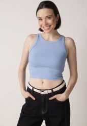 Niebieski Top z Prążkowanego Materiału Zitessa. Niebieskie bluzki damskie Born2be, m, bez wzorów, z jeansu, eleganckie, bez kołnierzyka, bez ramiączek. Za 39.99 zł.