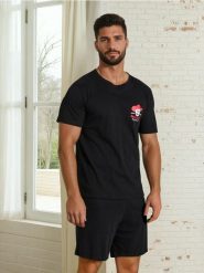 Piżama dwuczęściowa z nadrukiem - czarny. Czarne piżamy męskie Sinsay, l, bez wzorów, bez ramiączek. Za 39.99 zł.