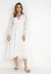 Biała Sukienka Haidatea. Białe sukienki damskie Born2be, l, z aplikacjami, bez kołnierzyka, bez ramiączek, maxi, rozkloszowane. Za 189.99 zł.