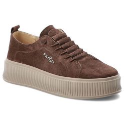 Sneakersy damskie Filippo o sznurowanym fasonie z miękką cholewką i ozdobnym logo marki osadzone na grubszej profilowanej podeszwie ciemnobrązowe, DP. Brązowe półbuty damskie Filippo, bez wzorów, z jeansu, eleganckie, bez obcasa, na platformie, bez zapięcia. Za 209.00 zł.