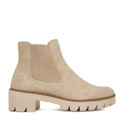 Botki Rieker. Brązowe botki damskie Rieker, bez obcasa, na płaskiej podeszwie, bez zapięcia. Za 349.99 zł.