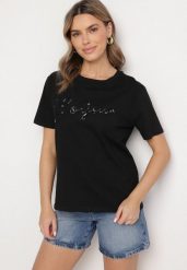 Czarny T-shirt z Bawełny o Kroju Oversize z Haftem i Cekinami Uliowena. Czarne bluzki damskie Born2be, m, bez wzorów, z bawełny, bez kołnierzyka. Za 34.99 zł.