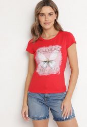 Czerwony Bawełniany T-shirt z Nadrukiem Motyla i Cyrkoniami Uliriela. Czerwone bluzki damskie Born2be, s, bez wzorów, z bawełny, klasyczne, bez kołnierzyka. Za 34.99 zł.