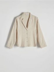 Koszula oversize z lnem oraz wiskozą - beżowy. Brązowe koszule damskie Reserved, l, bez wzorów, z tkaniny, bez kołnierzyka, bez ramiączek. W wyprzedaży za 55.99 zł.