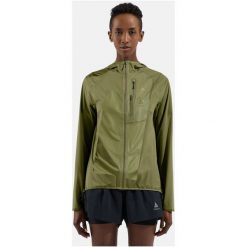 Kurtka damska ODLO Jacket ZEROWEIGHT DUAL DRY PK WATERPROOF. Czarne kurtki sportowe damskie Odlo, l, bez wzorów, z materiału, z kapturem, do biegania. Za 1,299.99 zł.