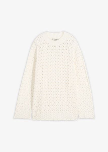 Sweter ażurowy. Białe swetry damskie bonprix, w ażurowe wzory, bez kołnierzyka, bez ramiączek, bez kaptura. Za 59.99 zł.