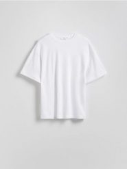 T-shirt oversize z merceryzowanej bawełny - biały. Białe t-shirty damskie Reserved, l, bez wzorów, z bawełny, bez kołnierzyka. Za 89.99 zł.