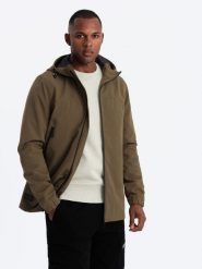 Lekka męska kurtka typu sztormiak z kapturem – brązowa V2 OM-JANP-0191 - XXL. Brązowe kurtki męskie Ombre Clothing, l, z aplikacjami, z gumy, z kapturem. Za 191.99 zł.