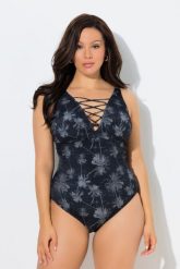 Damskie Kostium kąpielowy palmy miękkie miseczki wiązanie z recyklingu. Czarne kostiumy jednoczęściowe damskie Ulla Popken, plus size, bez wzorów, z elastanu, plus size, do pływania. Za 191.99 zł.