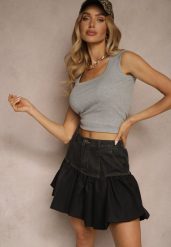 Szary Dopasowany Top z Prążkowanej Tkaniny z Wiskozy Nelluria. Szare bluzki damskie Renee, uniwersalny, bez wzorów, z jeansu, eleganckie, bez kołnierzyka, bez ramiączek. Za 39.99 zł.
