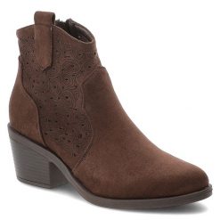 Botki damskie S.Barski o eleganckim fasonie z ażurową cholewką i stabilnym obcasem w stylu kowbojek ciemnobrązowe, HY62-8147 Chocolate. Brązowe kozaki damskie S.BARSKI, z jeansu, bez obcasa, na obcasie. Za 179.00 zł.
