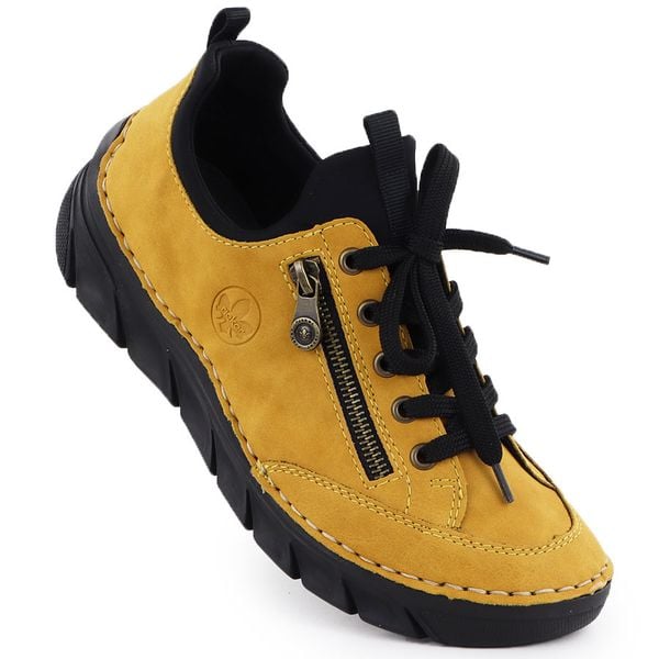 Półbuty damskie komfortowe żółte Rieker 55073-68. Żółte półbuty damskie Rieker, bez wzorów, ze skóry ekologicznej, bez obcasa, bez zapięcia. Za 279.20 zł.