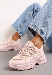 Różowe Sneakersy na Masywnej Podeszwie z Siateczkowym Wstawkami i Ozdobnymi Sznurówkami Ollavia. Czerwone obuwie sportowe damskie Renee, bez wzorów. Za 89.99 zł.