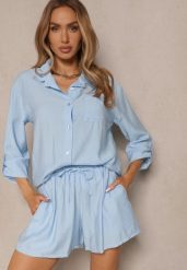 Jasnoniebieski Wiskozowy Komplet Koszula i Szorty Luźne Efrone. Niebieskie koszule damskie Renee, m, bez wzorów, z wiskozy, eleganckie. Za 99.99 zł.