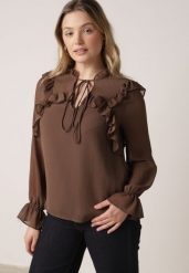 Brązowa Romantyczna Bluzka z Falbankami i Wiązaniem przy Dekolcie Zeaniyana. Brązowe bluzki damskie Born2be, l, bez wzorów, z jeansu, bez kołnierzyka, bez ramiączek. Za 119.99 zł.