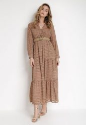 Ciemnobeżowa Sukienka Z Paskiem Deinene. Brązowe sukienki damskie Born2be, l, bez wzorów, bez kołnierzyka, bez ramiączek, maxi, kopertowe. Za 139.99 zł.
